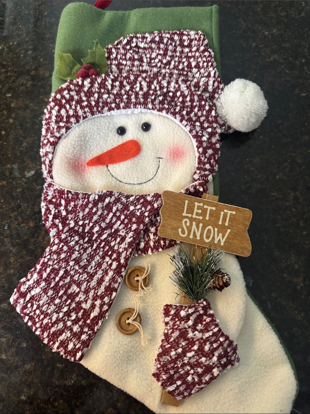 Festive Burgundy Snowman Holiday Stocking - LET IT SNOW